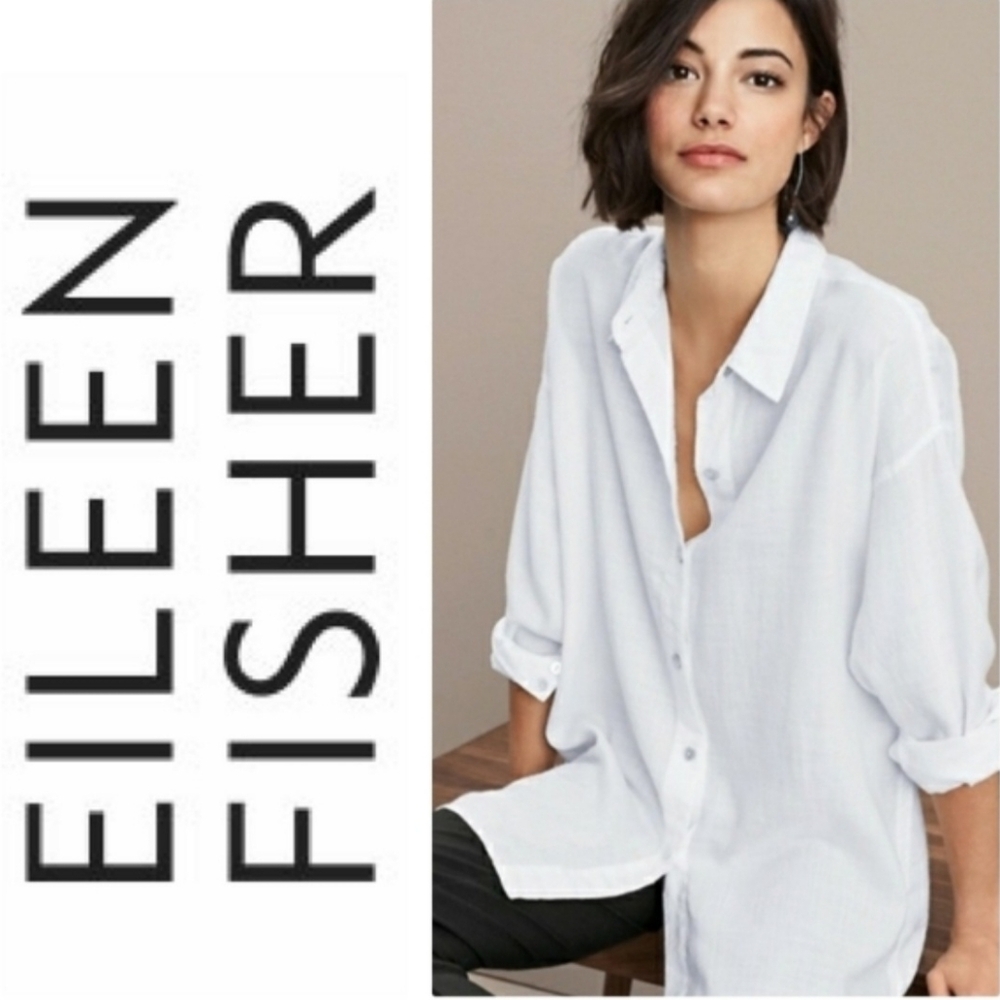 Eileen Fisher Drapey Tencel Collared Shirt White L
